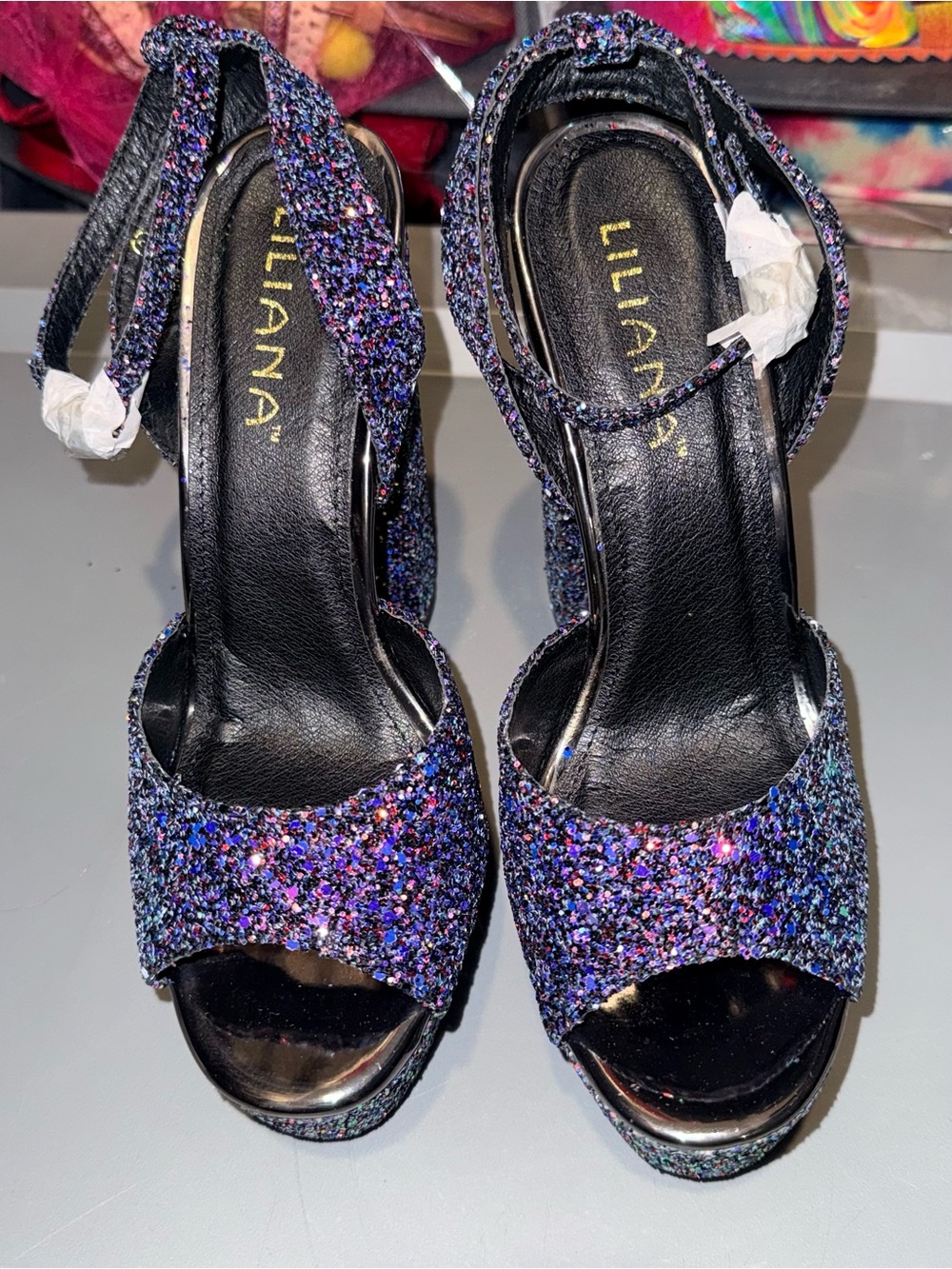 Liliana Purple Multi-Glitter Open-Toe Ankle Strap Heels